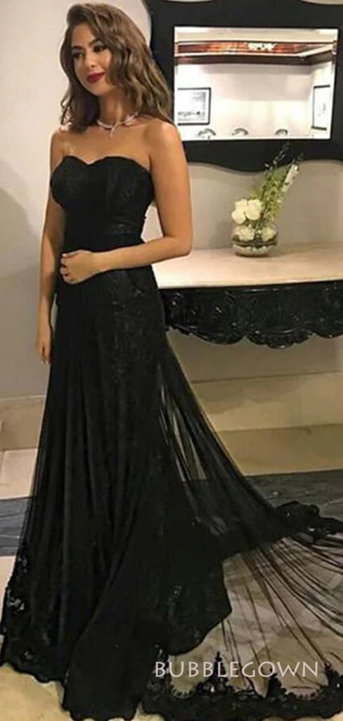 Strapless Black Tulle Appliques Long Evening Prom Dresses, Mermaid Prom Dresses, BGS0289