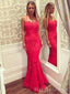 Red Tulle Appliques Spaghetti Straps Long Evening Prom Dresses, Mermaid Prom Dresses, BGS0290