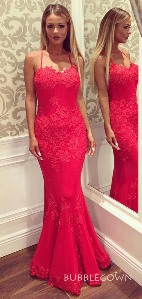 Red Tulle Appliques Spaghetti Straps Long Evening Prom Dresses, Mermaid Prom Dresses, BGS0290