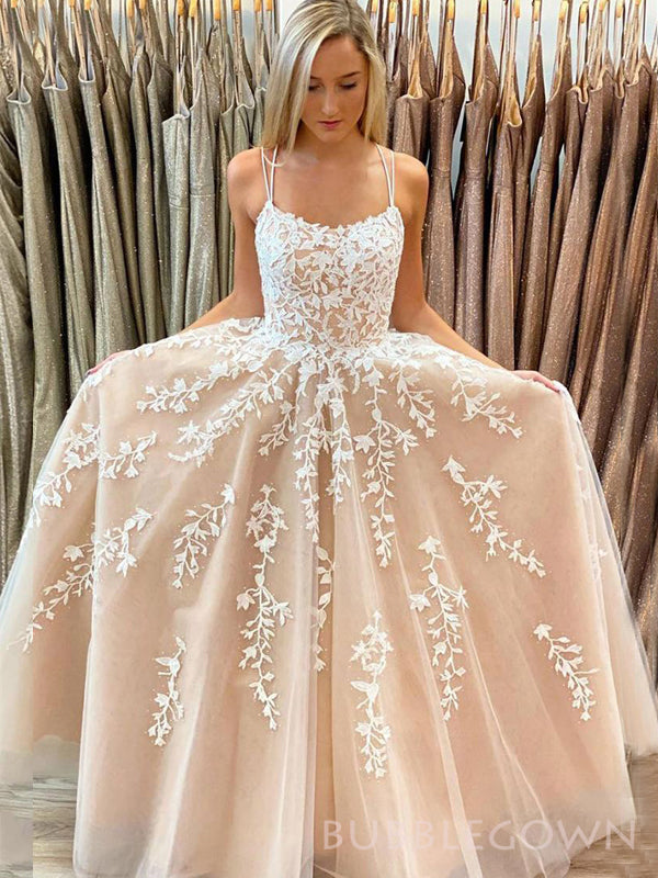 Spaghetti Straps Champagne Tulle Appliques Long Evening Prom Dresses, A-line Prom Dress, BGS0291
