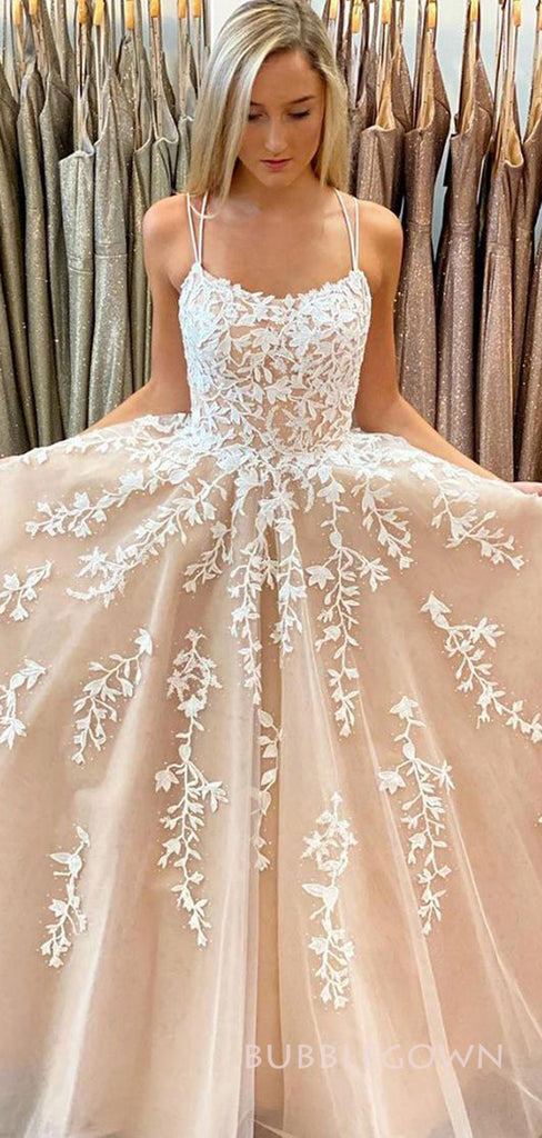 Spaghetti Straps Champagne Tulle Appliques Long Evening Prom Dresses, A-line Prom Dress, BGS0291