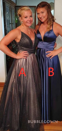 A-line Satin Tulle V-neck Long Evening Prom Dresses, Spaghetti Straps Prom Dress, BGS0292