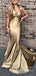 Gold Satin Mermaid V-neck Long Evening Prom Dresses, Spaghetti Straps Prom Dress, BGS0298