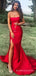 Gorgeous Red Satin Mermaid Side Slit Long Evening Prom Dresses, Strapless Prom Dress, BGS0299