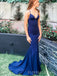 Simple Mermaid Blue Spaghetti Straps Long Evening Prom Dresses, V-neck Cheap Prom Dress, BGS0301