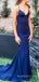 Simple Mermaid Blue Spaghetti Straps Long Evening Prom Dresses, V-neck Cheap Prom Dress, BGS0301