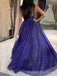 Sparkly A-line Blue Tulle Long Evening Prom Dresses, V-neck Custom Prom Dress, BGS0303