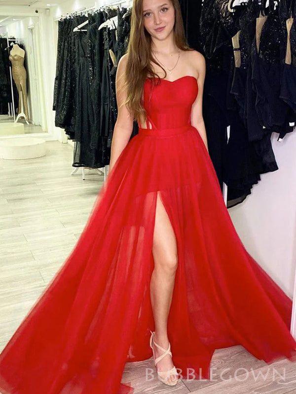 Red Tulle A-line Strapless Long Evening Prom Dresses, High Slit Custom Prom Dresses, BGS0305