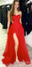 Red Tulle A-line Strapless Long Evening Prom Dresses, High Slit Custom Prom Dresses, BGS0305