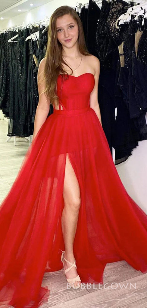 Red Tulle A-line Strapless Long Evening Prom Dresses, High Slit Custom Prom Dresses, BGS0305