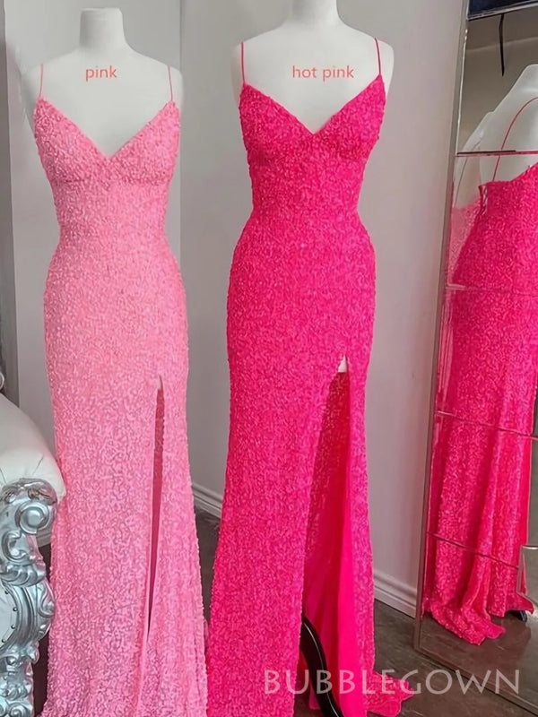 Spaghetti Straps Pink Sequins Mermaid Long Evening Prom Dresses, V-neck Side Slit Custom Prom Dress, BGS0307