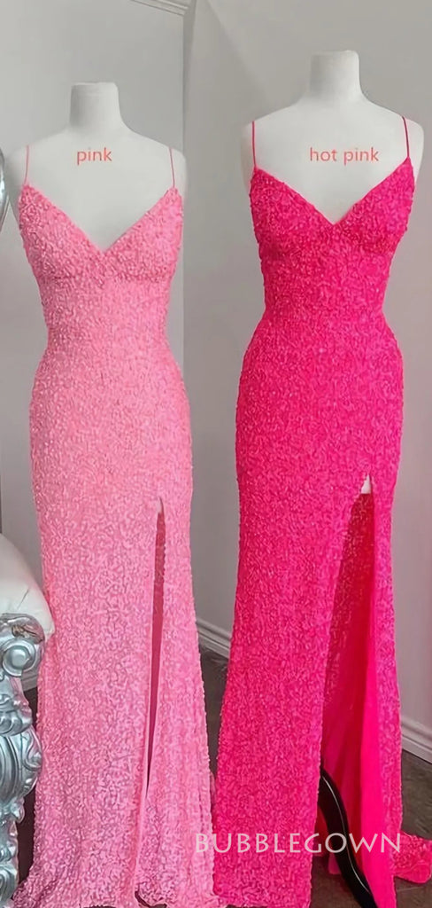 Spaghetti Straps Pink Sequins Mermaid Long Evening Prom Dresses, V-neck Side Slit Custom Prom Dress, BGS0307