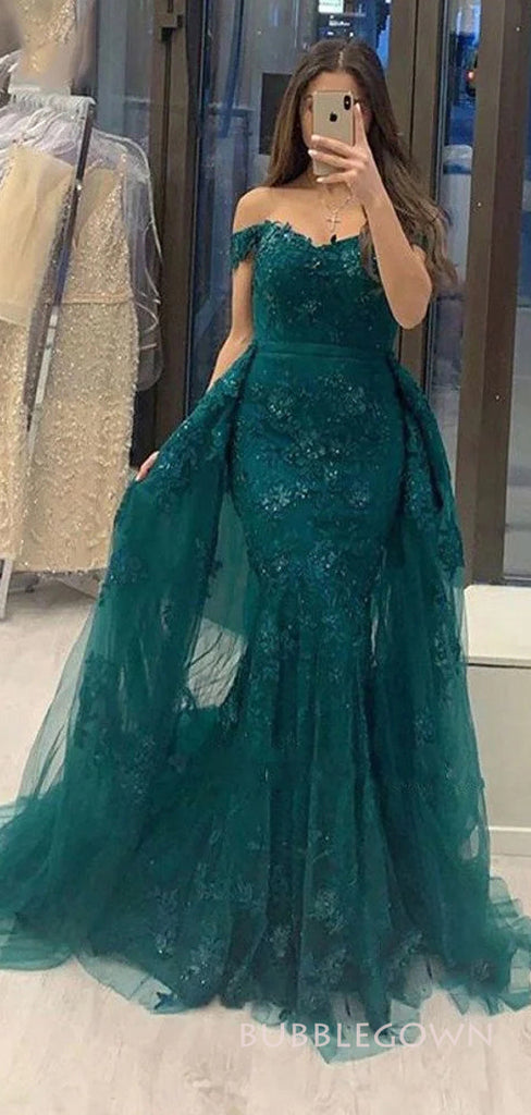 Off Shoulder Tulle Appliques Mermaid Long Evening Prom Dresses, Sweetheart Prom Dresses, BGS0311