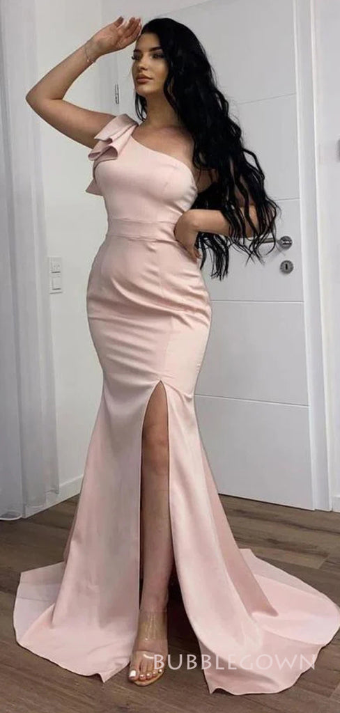 One Shoulder Satin MermaidLong Evening Prom Dresses, Formal Side Slit Prom Dress, BGS0312