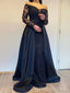 Long Sleeves Off Shoulder Satin Long Evening Prom Dresses, Navy Blue Tulle Appliques Prom Dress, BGS0314
