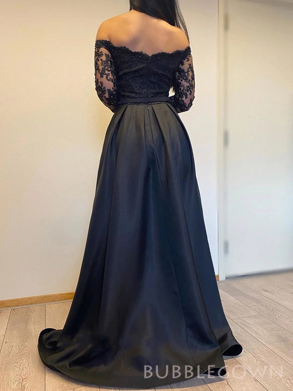Long Sleeves Off Shoulder Satin Long Evening Prom Dresses, Navy Blue Tulle Appliques Prom Dress, BGS0314