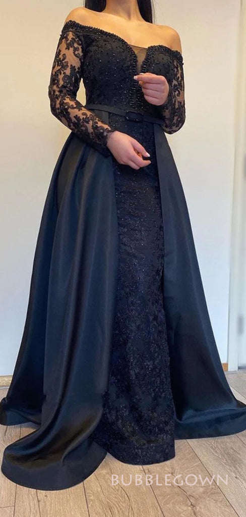 Long Sleeves Off Shoulder Satin Long Evening Prom Dresses, Navy Blue Tulle Appliques Prom Dress, BGS0314