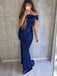 Off Shoulder Blue Satin Side Slit Mermaid Long Evening Prom Dresses, BGS0319