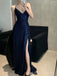 Sexy V-neck Mermaid Spaghetti Straps Navy Blue Sequins Long Evening Prom Dresses, BGS0321
