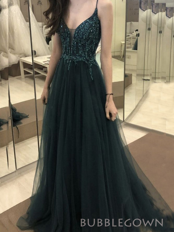 A-line Tulle Spaghetti Straps Long Evening Prom Dresses, V-neck Prom Dresses, BGS0322