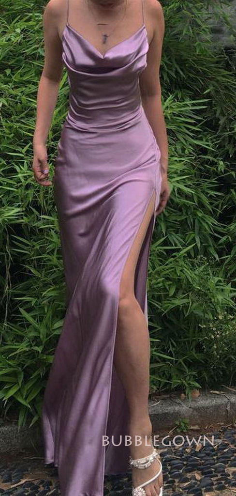 Simple Purple Satin Side Slit Long Evening Prom Dresses, Mermaid Cowl-neck Prom Dress, BGS0324