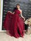 One Shoulder Red Tulle Sparkly A-line Long Evening Prom Dresses, BGS0329