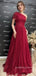 One Shoulder Red Tulle Sparkly A-line Long Evening Prom Dresses, BGS0329