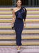 Morden One Shoulder Navy Blue Satin Long Evening Prom Dresses, Mermaid Prom Dress, BGS0337