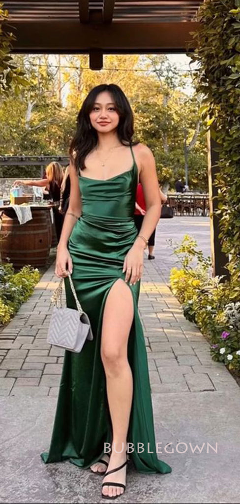 Green Satin Spaghetti Straps Mermaid Long Evening Prom Dresses, BGS0338