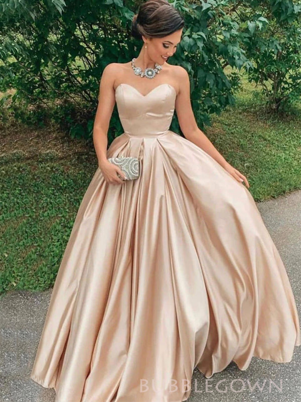 Sweetheart Champagne Satin A-line Long Evening Prom Dresses, BGS0339