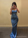 Blue Satin Mermaid High Slit Long Evening Prom Dresses, BGS0343