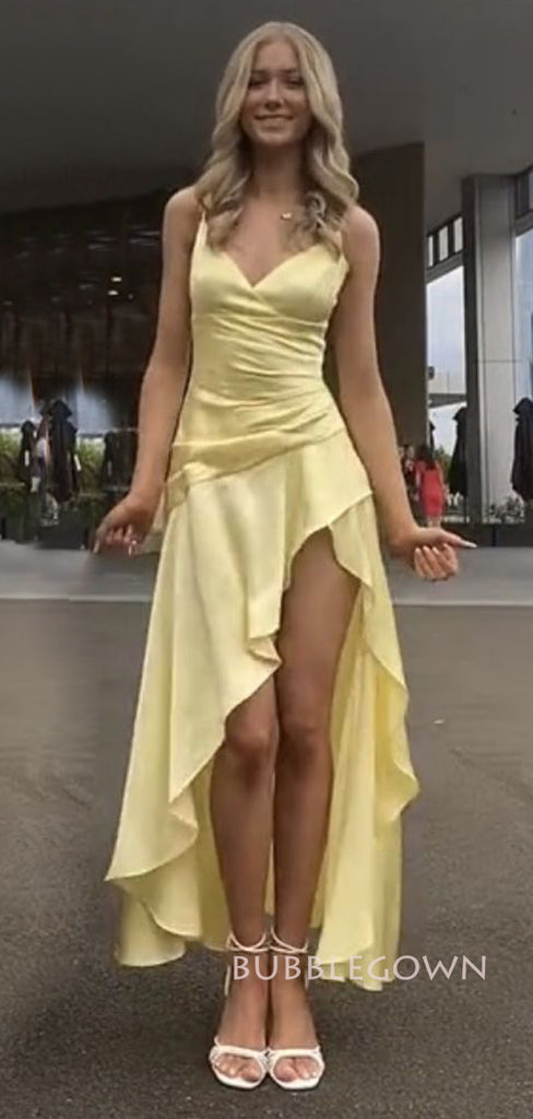 Yellow V-neck Spaghetti Straps Long Evening Prom Dresses, BGS0349