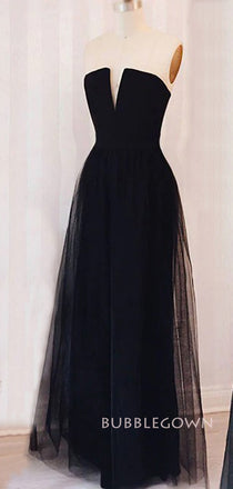 A-line Tulle Strapless V-neck Long Evening Prom Dresses, BGS0352