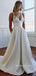 V-neck Ivory Satin A-line Long Wedding Dresses, BGS0353