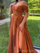 Burnt Orange Satin A-line Side Slit Long Evening Prom Dresses, Off Shoulder Prom Dress, BGS0355