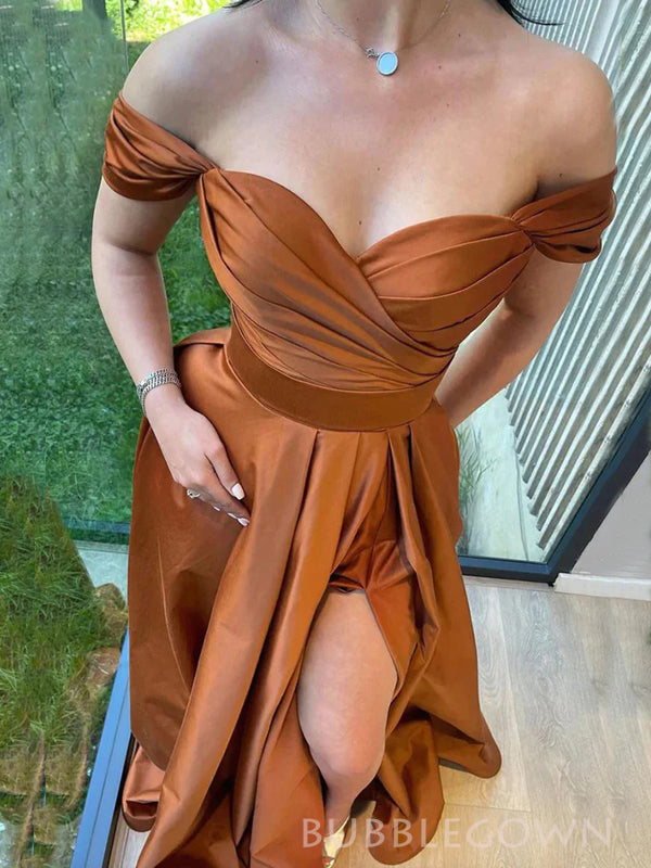 Burnt Orange Satin A-line Side Slit Long Evening Prom Dresses, Off Shoulder Prom Dress, BGS0355