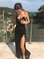 Black Lace Mermaid Side Slit V-neck Long Evening Prom Dresses, BGS0356