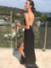 Black Lace Mermaid Side Slit V-neck Long Evening Prom Dresses, BGS0356