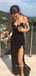 Black Lace Mermaid Side Slit V-neck Long Evening Prom Dresses, BGS0356