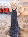 Navy Blue Sequins Mermaid V-neck Long Evening Prom Dresses, BGS0361