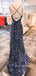 Navy Blue Sequins Mermaid V-neck Long Evening Prom Dresses, BGS0361
