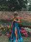 Simple A-line Satin Backless Long Evening Prom Dresses, High Slit Prom Dress, BGS0363