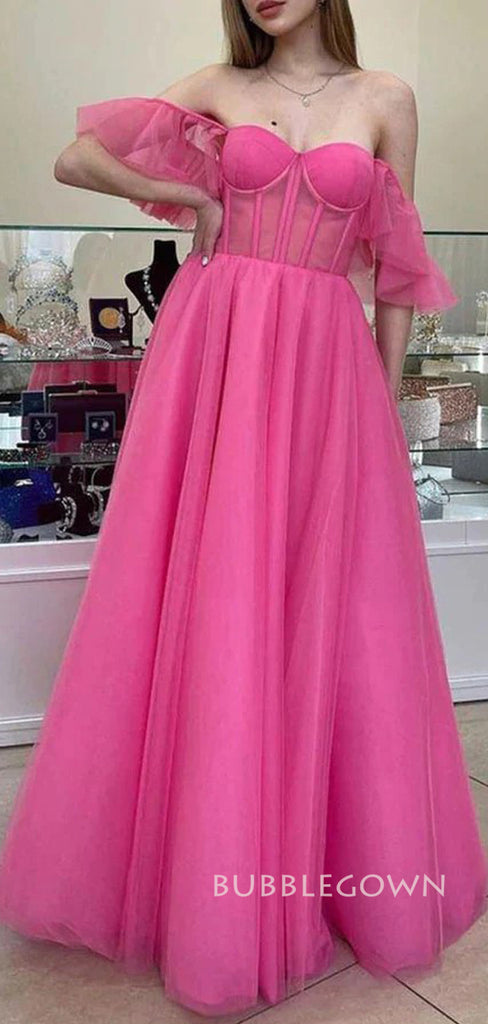 Hot Pink Tulle A-line Off Shoulder Long Evening Prom Dresses, BGS0369