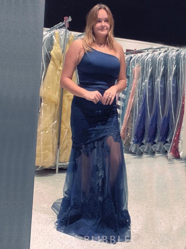 One Shoulder Navy Blue Mermaid Appliques Long Evening Prom Dresses, BGS0372