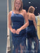 One Shoulder Navy Blue Mermaid Appliques Long Evening Prom Dresses, BGS0372