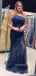 One Shoulder Navy Blue Mermaid Appliques Long Evening Prom Dresses, BGS0372