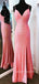 Hot Pink Sequins V-neck Mermaid Long Evening Prom Dresses, Side Slit Prom Dress, BGS0377