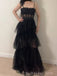 Black Tulle A-line Spaghetti Straps Long Evening Prom Dresses, BGS0381