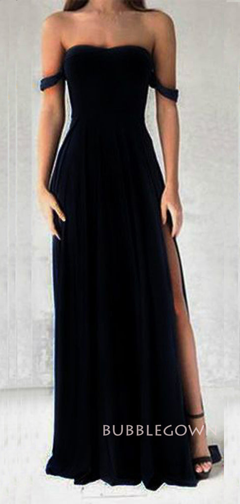 Off Shoulder Black Side Slit Long Evening Prom Dresses, BGS0383