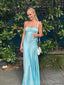 Simple Blue Satin Mermaid Side Slit Long Evening Prom Dresses, Spaghetti Straps Prom Dress, BGS0390